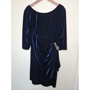 Alex Evenings Dress 20W Blue Velvet Velour Gathered Waist Beaded Rhinestones